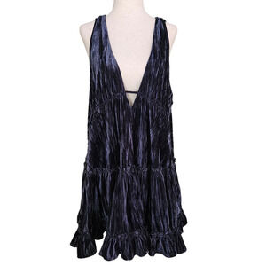 Free People Pleated Plush Swing Dress in Rare Night Small Tiered Velvet Pockets